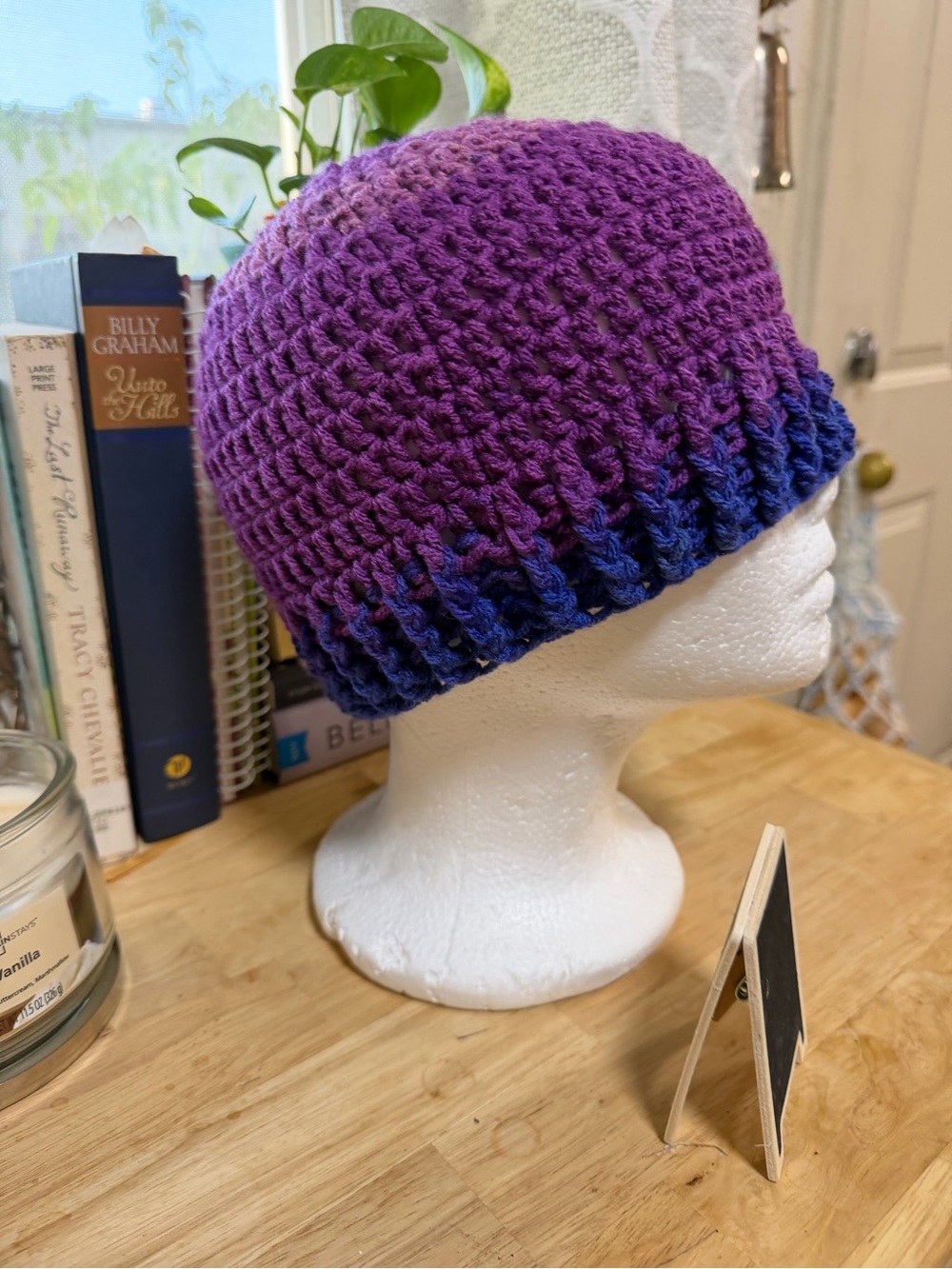 Handmade Purple Ombre Knit Beanie - Women's Winter Hat